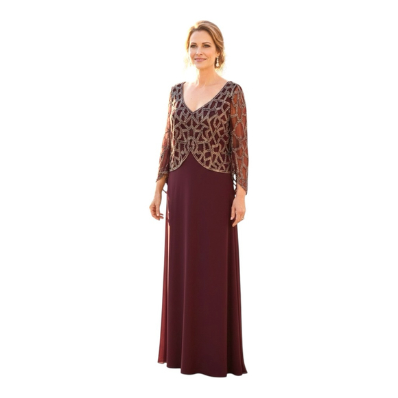 J Kara Beaded Wine Burgundy Plus Size MOB Gown 14W NWT